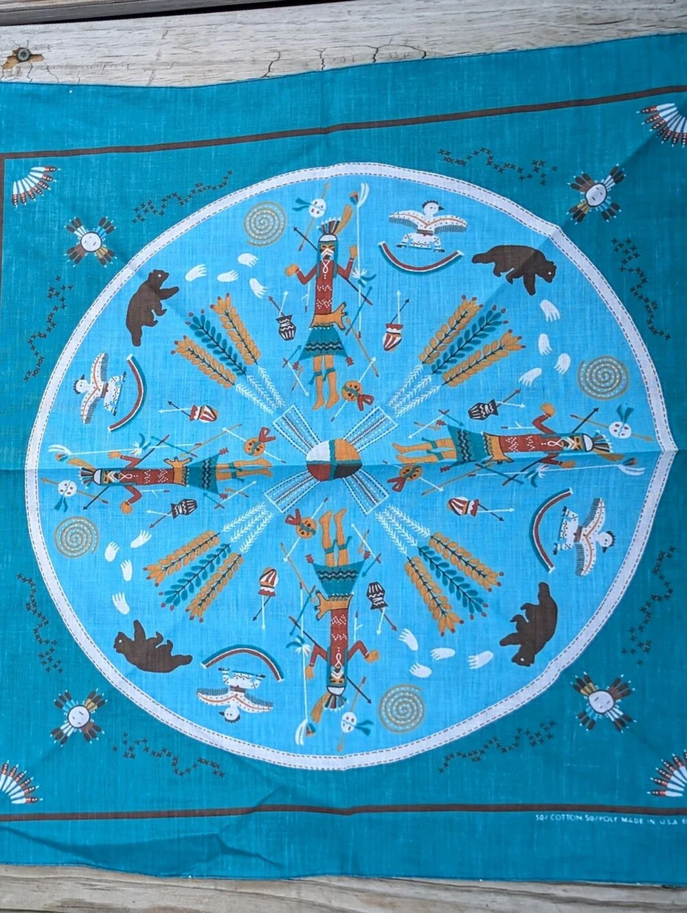 Vintage Teal Southwestern Tribal Navajo Kachina Print Bandana Scarf USA Like New